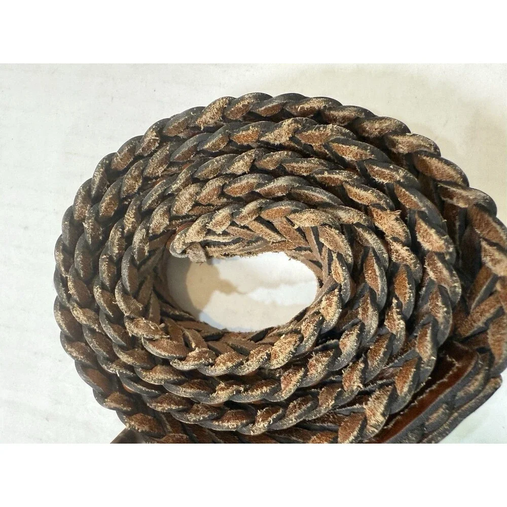 Braided Woven Leather Belt Nickel Tone‎ Brown Buckle Size L